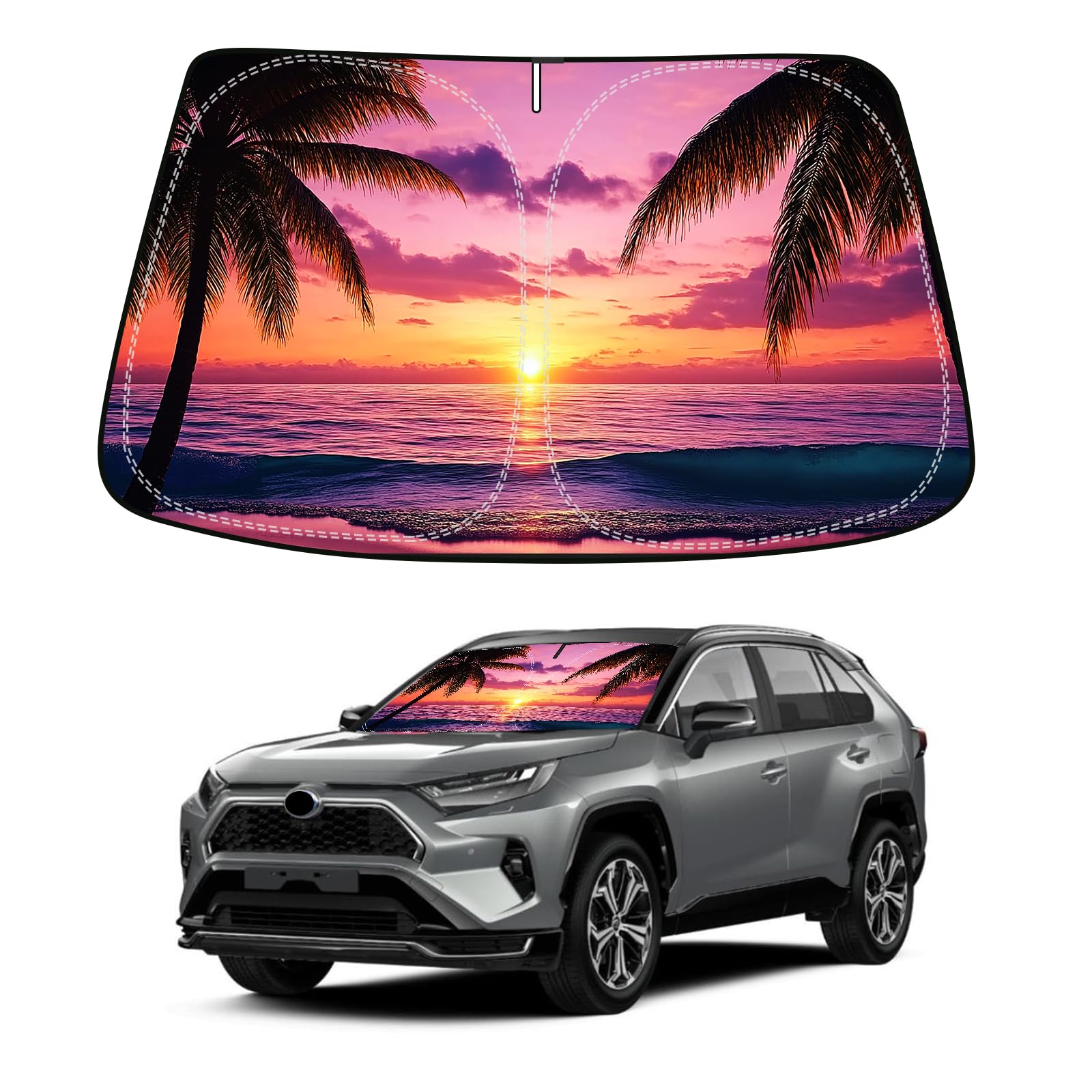Photo 1 of Sunset Beach Car Windshield Sun Shade Compatible with Toyota RAV4 2019-2024 2025 - Foldable Reflective Window Sunshade for UV Protection & Heat Reduction