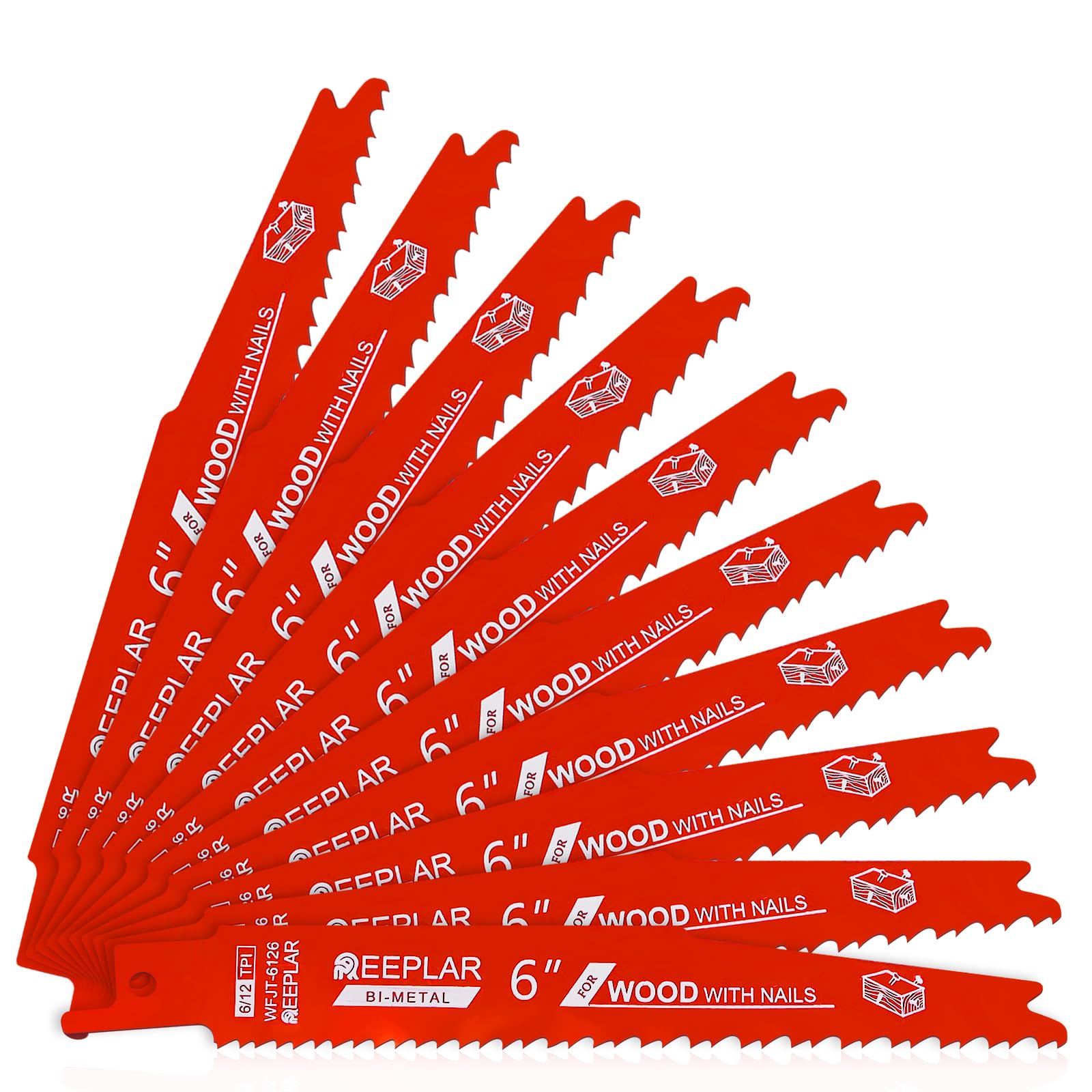 Photo 1 of 10 Pack 6 Inch 6/12 Tpi Reciprocating Saw Blades for Nail-Embedded Wood,Bi-Metal Blades for Cutting Stud and Nail PVC Pallets etc