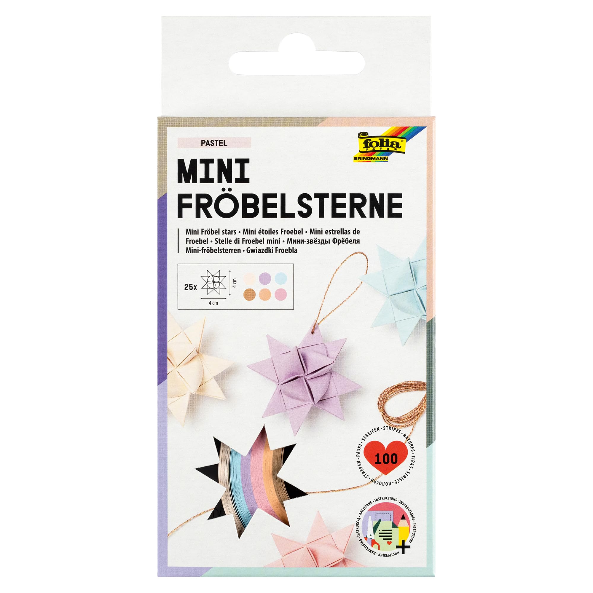 folia 1297 Paper Strips for Mini Froebel Stars, 100 Strips, 25 Stars, Assorted Pastel Colours