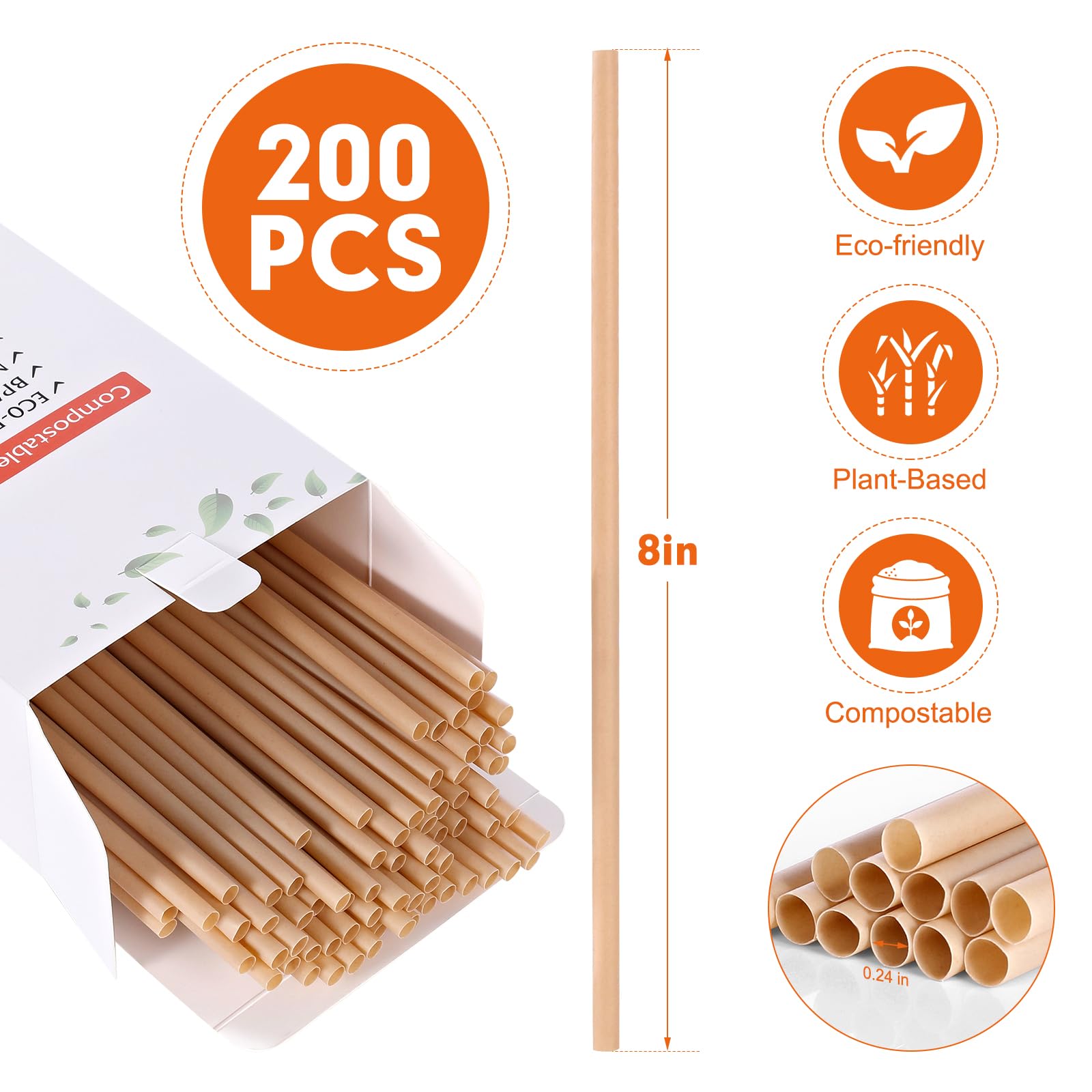 [200 Pcs] Biodegradable Compostable Disposable Sugarcane Straws - 8.25 Inch Plastic Free Drinking Straws for Juice Coffee Cocktail Tea - Image 2