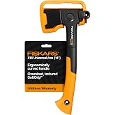 Fiskars X14 Universal Axe 14", Camping Hatchet for Chopping Wood Kindling | Improved Head Design, Low-Friction Coated Steel Blade for Clean Cuts in Fresh Resinous Wood, Ergonomic Curved Handle