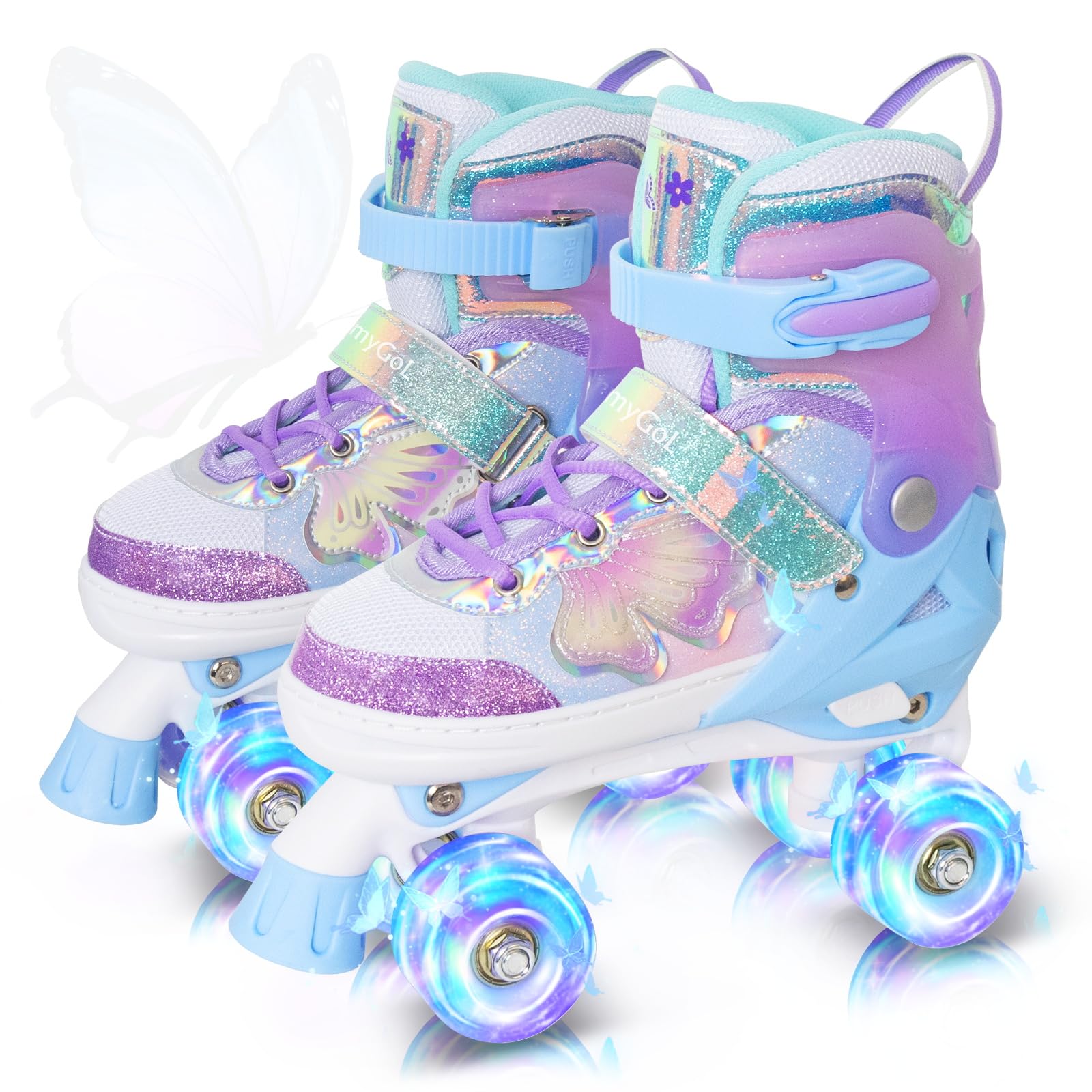 Photo 1 of MammyGol Kids Roller Skates for Girls or Boys, 4 Size Adjustable Roller Skates for Big Kids with Beautiful Butterflies, Beginner Light up Roller Quad Skates Youth Indoor Outdoor (Purple)