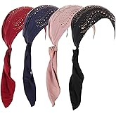 4 Pieces Rhinestone Decor Turban Hat Solid Color Elastic Head Wraps Casual Skull Cap Beanies Chemo Cap for Women