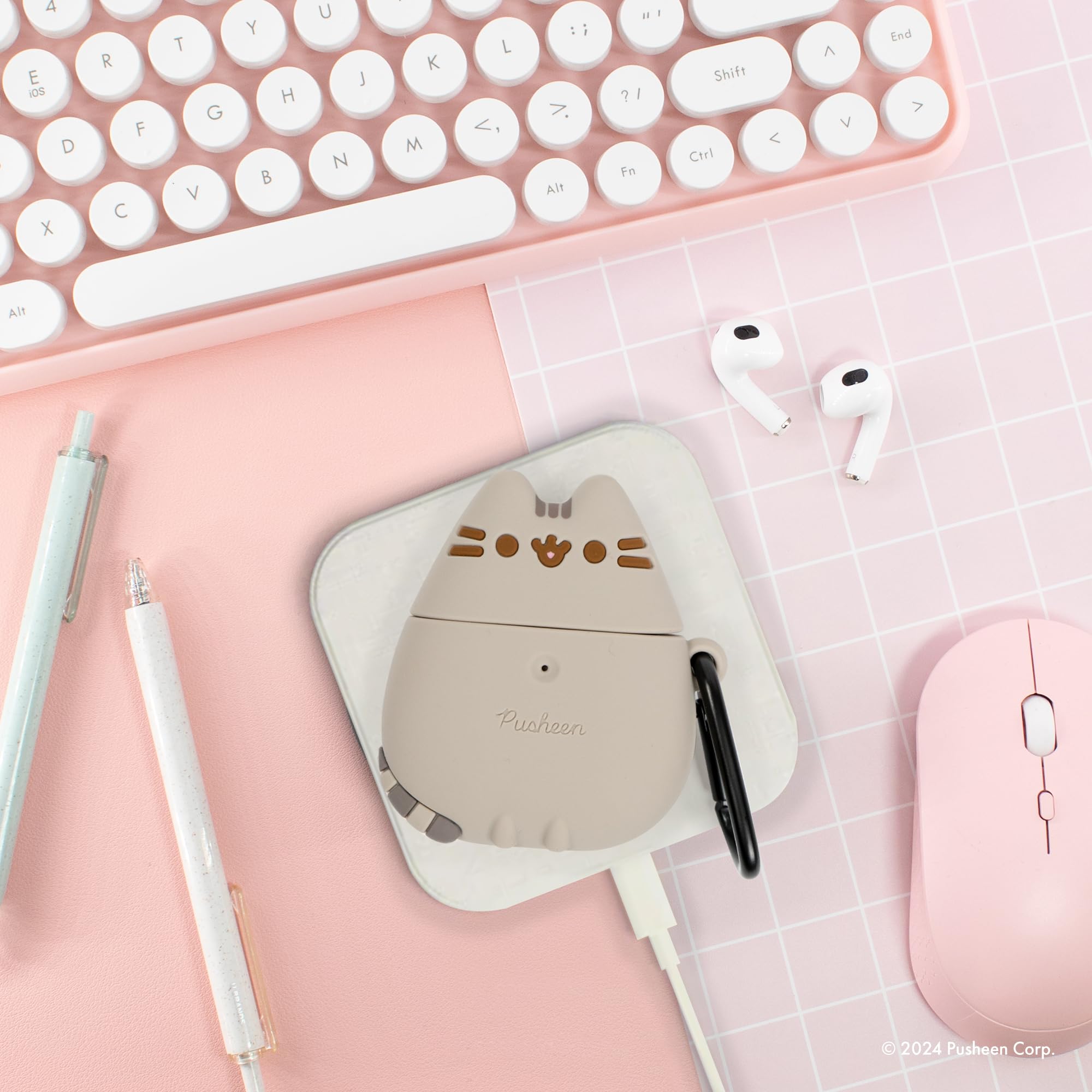 iFace x Pusheen Cute Silicone Protective Cover Designed for AirPods 1/2 Case [Carabiner Clip Included] [Wireless Charging Compatible] - Standing
