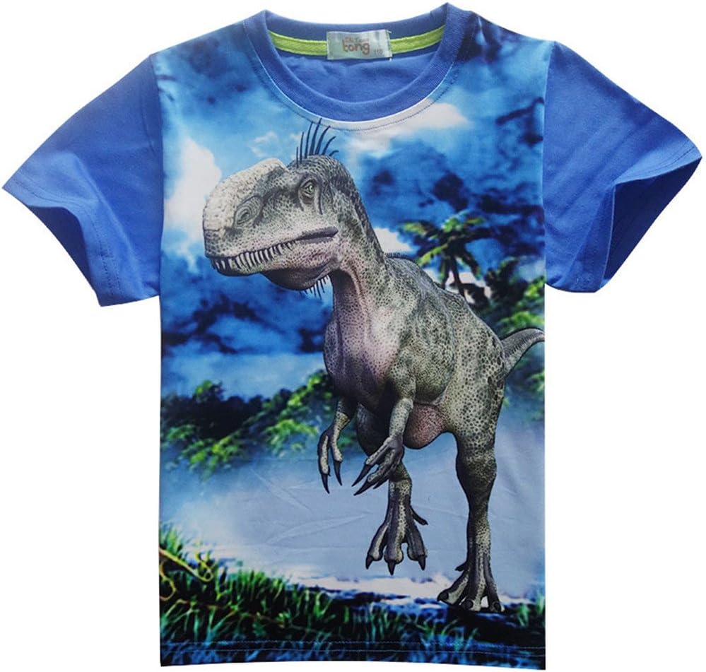 Boys Shirts Toddler T-Rex Short Sleeve T-Shirts, Dinosaur Cotton Tops Tee Shirt for Kids (3T,Blue)