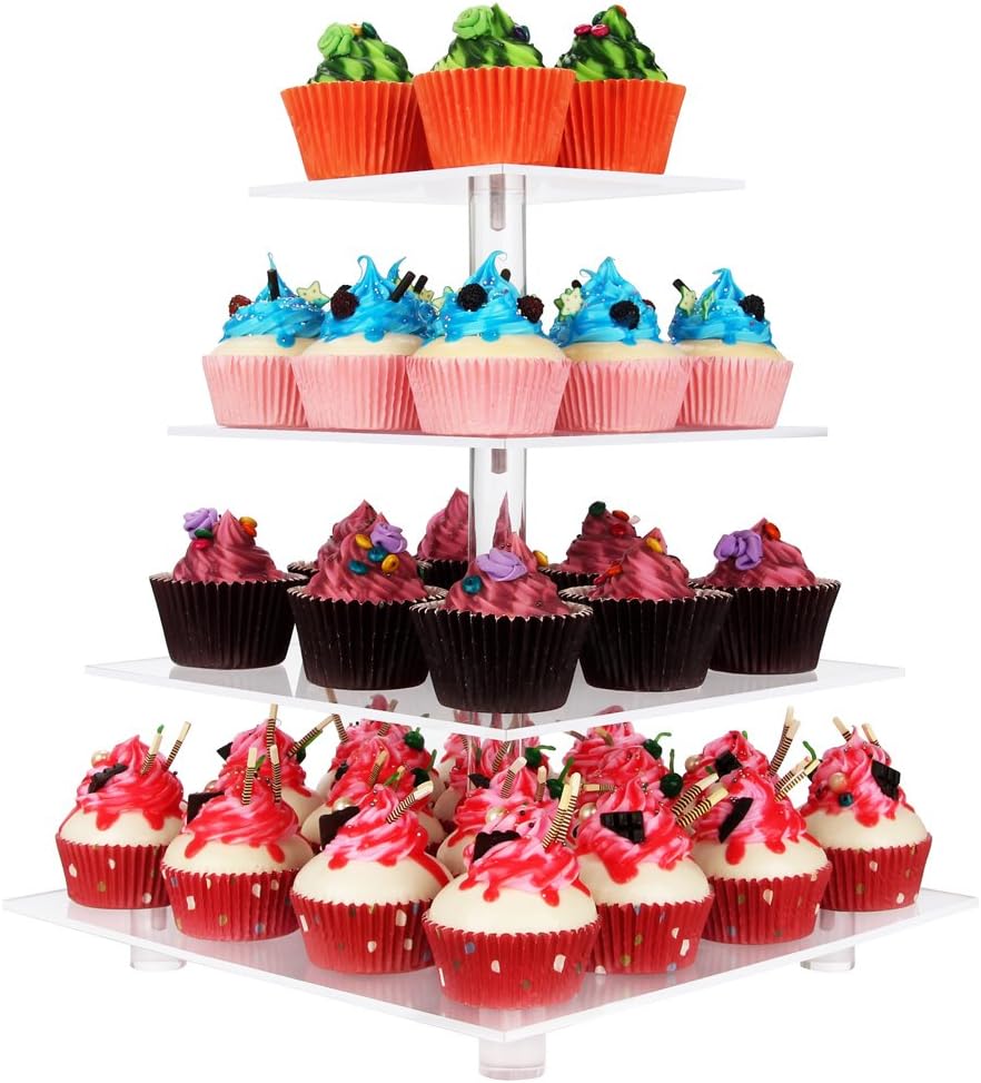 4 Tier Square Clear Acrylic Cupcake display stands with BASE and screw connection, stronger and more stable,Christmas Wedding Birthday Party cake stand, Food display shelf. (4 Tier Square with BASE)