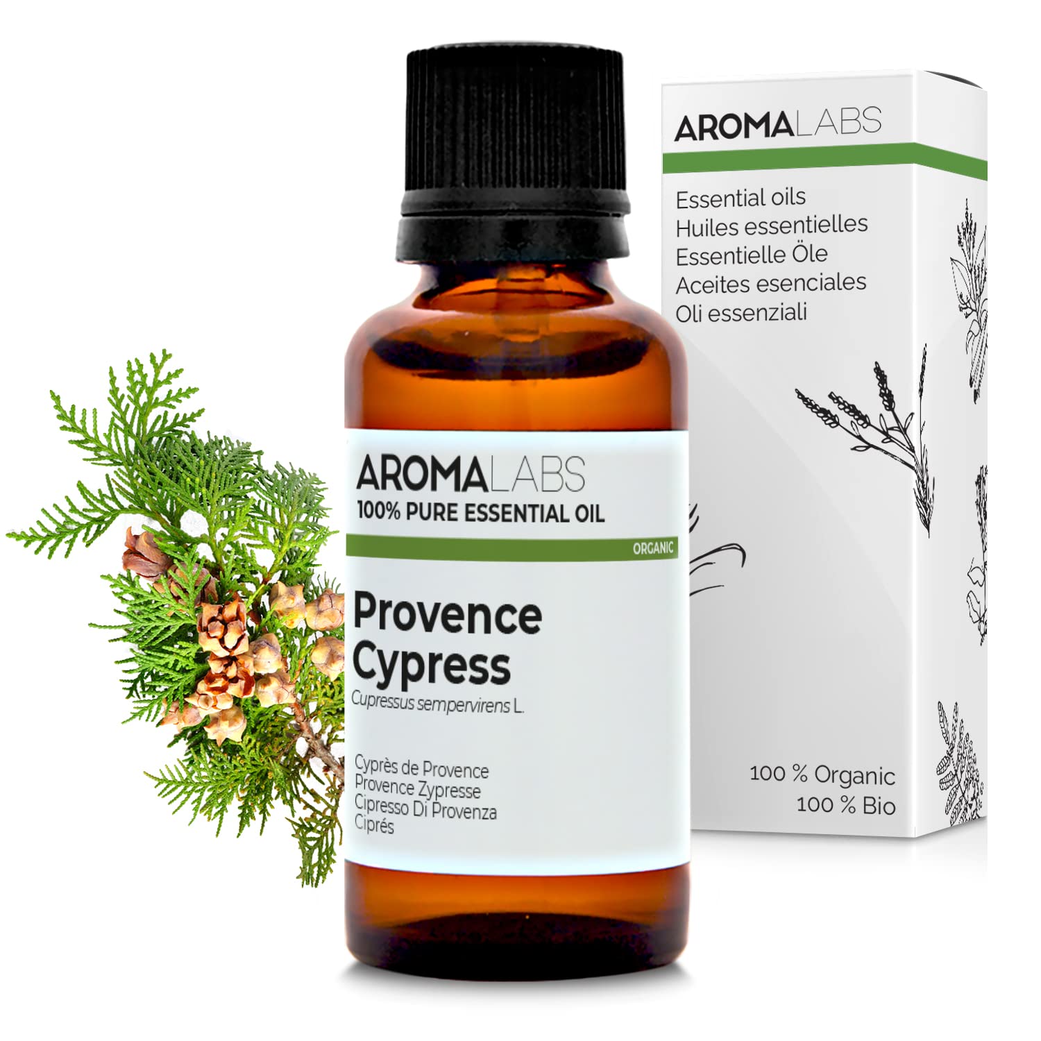 BIO - Provence Cypress Essential Oil - 30mL - 100% Pure, Natural, Chemotyped and AB Certified - AROMA LABS (French Brand)