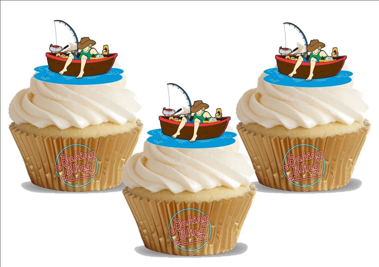 Fishing Boat Gone Fishing! 12 Standup Edible Premium Wafer Paper Cake Toppers Decoration 12 X 55Mm