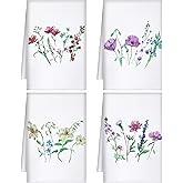 Bencailor 4 Pcs Floral Kitchen Towels Wildflower Print Flower Plants Embroidered Absorbent Dish Towels Housewarming Gift for Autumn Fall Bathroom Kitchen Cooking