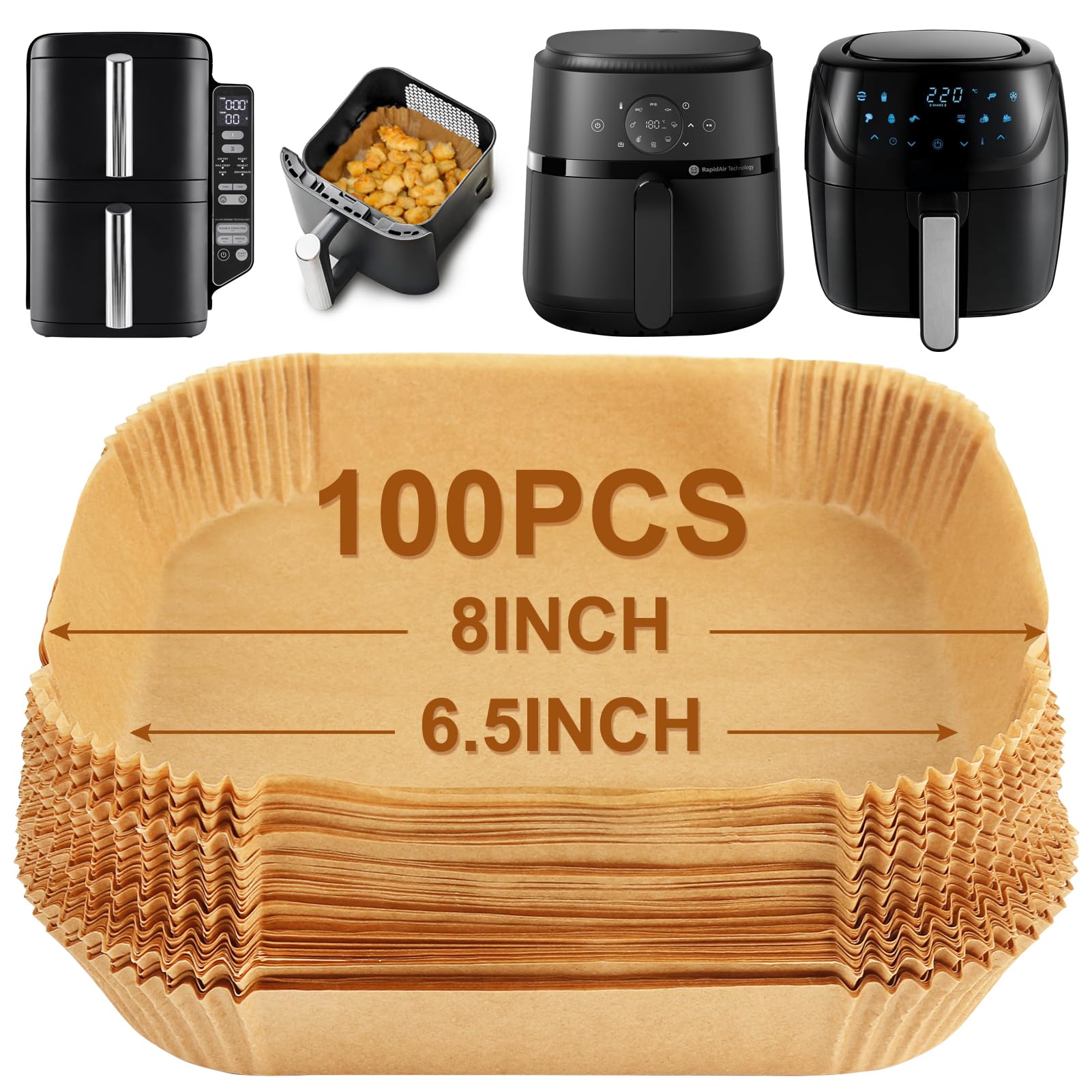 BYKITCHEN Air Fryer Paper Liners for Ninja Double Stack SL300UK 7.6L, 100pcs Disposable Liners for Air Fryer Baskets, Accessories for Russell Hobbs 4L, Ninja Pro 4.7L, Cosori, Philips 2000 4.2L