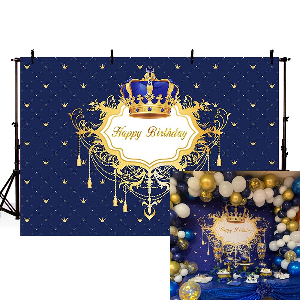MEHOFOTO Photo Background Blue Little Prince Boy Happy Birthday Royal Celebration Backdrops for Photography 7x5ft