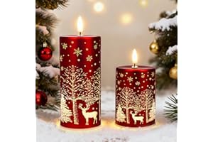 MJ PREMIER Christmas Decorations Indoor Mercury Glass Lights with Timer Battery Operated Light Table Centerpiece for Home Decor, Fireplace Mantle, Gift LED Christmas Tree with Deer Carvings (Red)