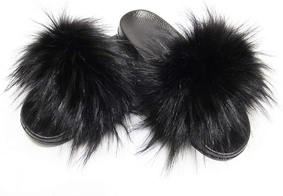 black fluffy slides