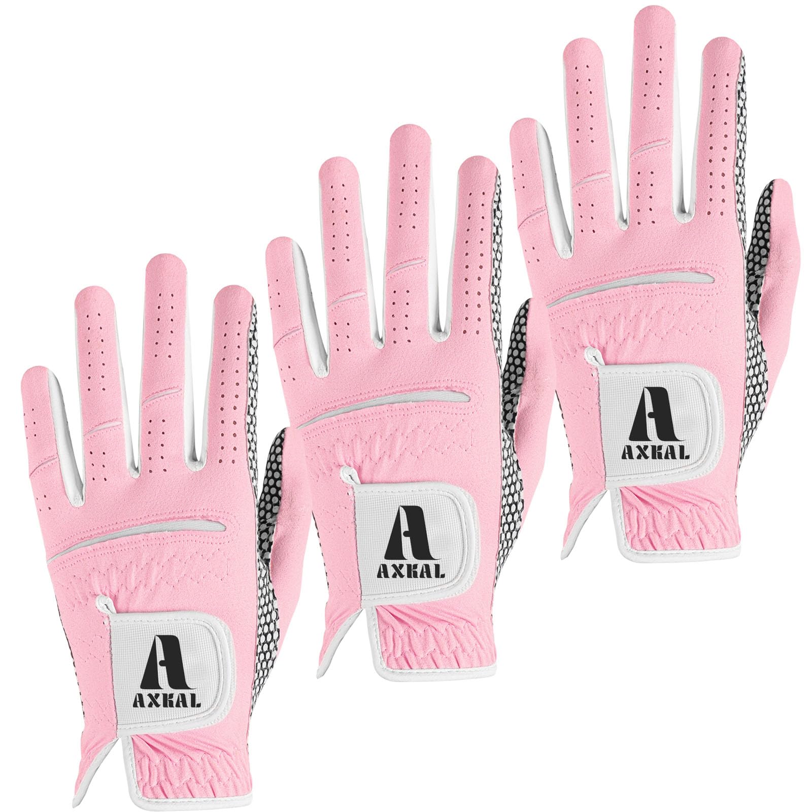 AXKAL Lady Golf Gloves Left Hand Women Ladies All Weather Weathersof Grip Fashion Printing Color Value 3 Pack, Golf Glove Soft Breathable Performance (Pink, Left, L)