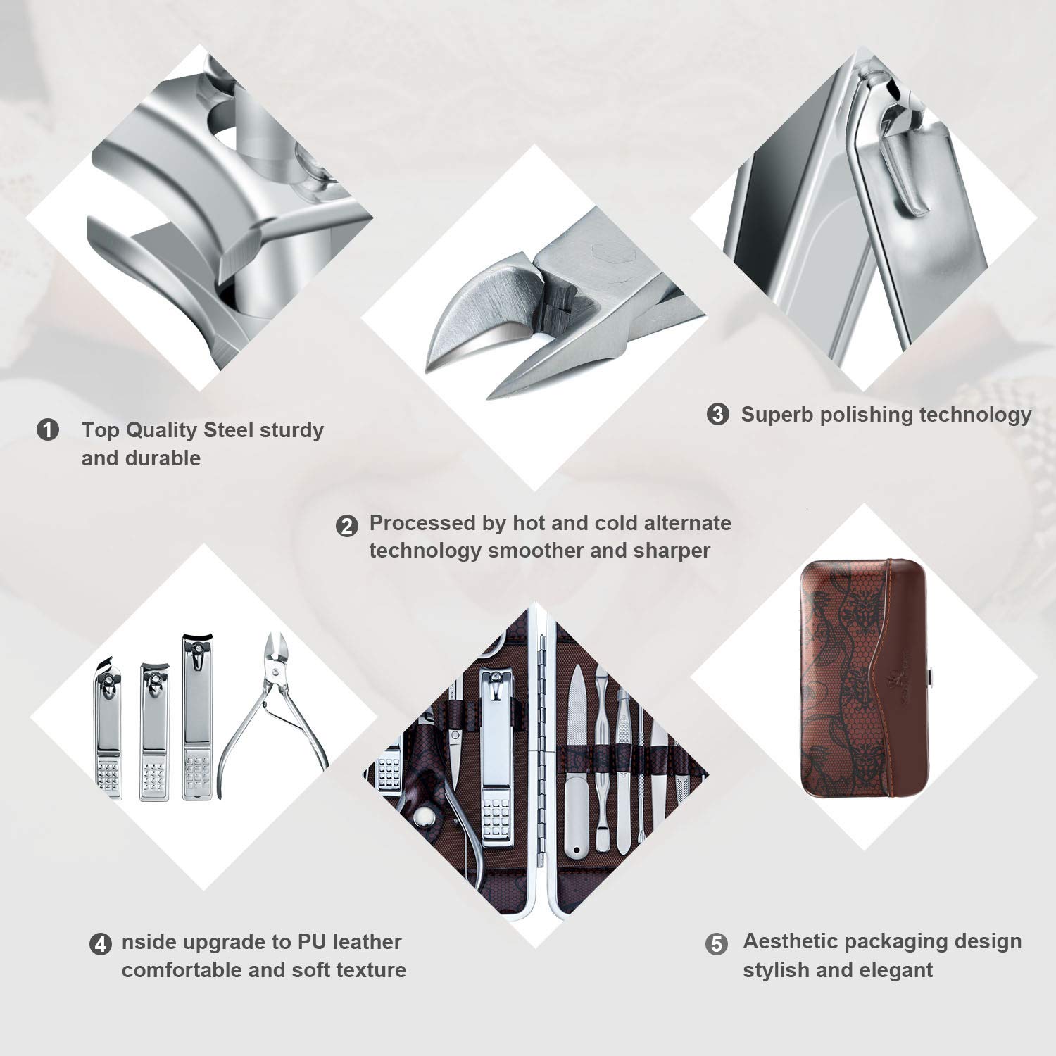 Keiby Citom Professional Stainless Steel Nail Clipper Set Nail Tools Manicure & Pedicure Set of 12pcs - Travel & Grooming Kit with Luxurious Case (Coffee) : Beauty