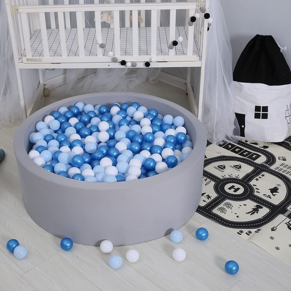 GOGOSO Ball Pit Balls for Toddler, Baby Plastic Playballs Kids Soft Pastel Pelotas Non-Toxic BPA-Free Pearl Blue+Light Blue+White 100 Balls