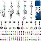 BodyJ4You 65 Belly Button Rings Dangle Barbells Aftercare Saline Spray 14G Acrylic Bioflex Steel CZ Navel