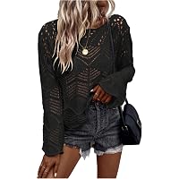 BEAUDRM Women's Crochet Sweater Hollow Out Lightweight Sweaters Crew Neck Long Sleeve Casual Pullover Knit Top