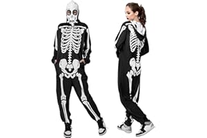 PARTTELY Adult Onesie Skeleton Costume Women Front and Back Bone Print Halloween Skeleton Jumpsuit Men with Zipper Hooded