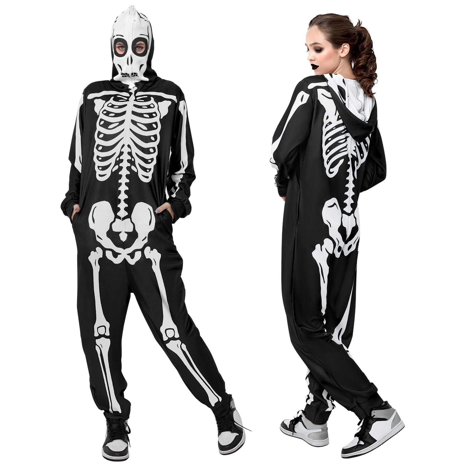 Photo 1 of PARTTELY Adult Onesie Skeleton Costume Women Front and Back Bone Print Halloween Skeleton Jumpsuit Men with Zipper Hooded