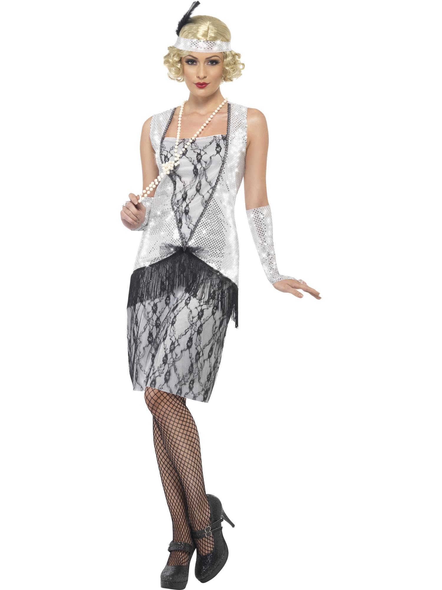 Smiffys Flapper Costume, Silver with Dress, Headband and Glovettes, 1920's Razzle Fancy Dress, 1920s Dress Up Costumes