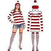 Halloween Costume Sets, Halloween Women Cosplay Red White Striped Shirt Beanie Cap Glasses Socks for Halloween Party
