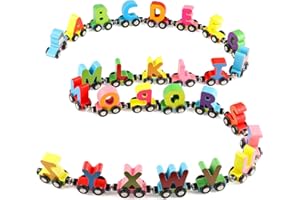 Wondertoys 27 PCS Wooden Alphabet Train Toy - Wooden Magnetic Alphabet ABC Train Set Includes 1 Engine, Letter Cars for Toddlers Boys and Girls, Compatible with Major Brands Tracks