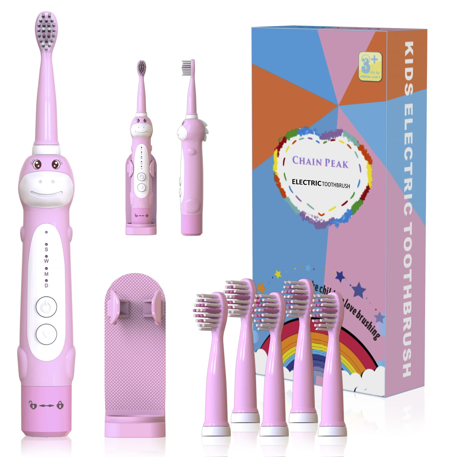 Dinosaur Toothbrush, Kids Sonic Electric Toothbrush for Children, Toddlers Boys Girls Age 3-12 with 30s Reminder, 2 Mins Timer, 5 Modes, 6 Brush Heads, Rechargeable, Wall-Mounted Holder