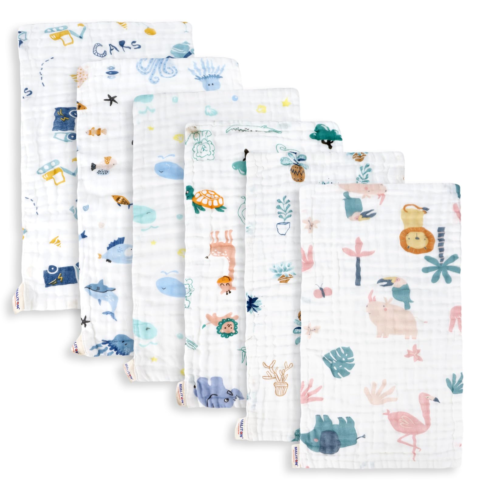 Maliton Muslin Cloths for Baby, 6 Pack Burp Cloths for Baby,100% Cotton 6 Layers Absorbent& Soft& Breathable Baby Muslins Pack,50x25CM Muslin Squares Baby Essentials for Newborn(Animals& Cars, 6 Pack) — image 1