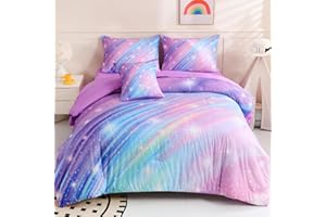 DORCAS 6 Pcs Rainbow Full Bedding Sets Purple Glitter Galaxy Full Size Comforter Set with Sheets for Girls Kids Teens