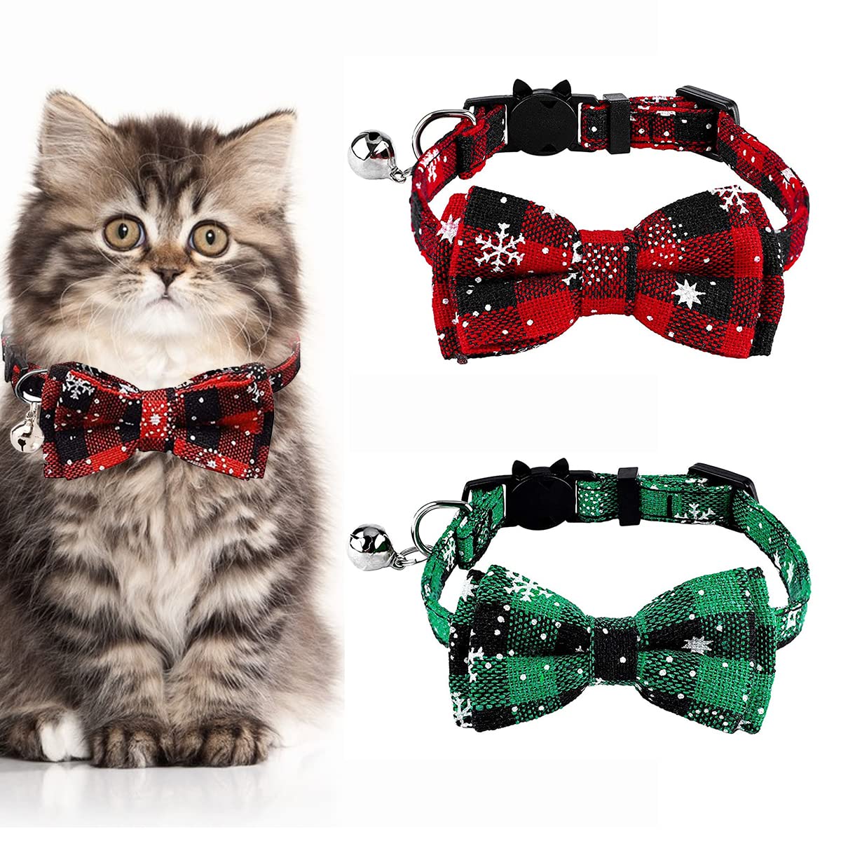 2 Pack Detachable Christmas Collars with Bow&Bells - Durable Adjustable Pet Collars - Comfortable Cat Collar for Cats, Kittens & Puppies - Snowflake Plaid (Red, Green)