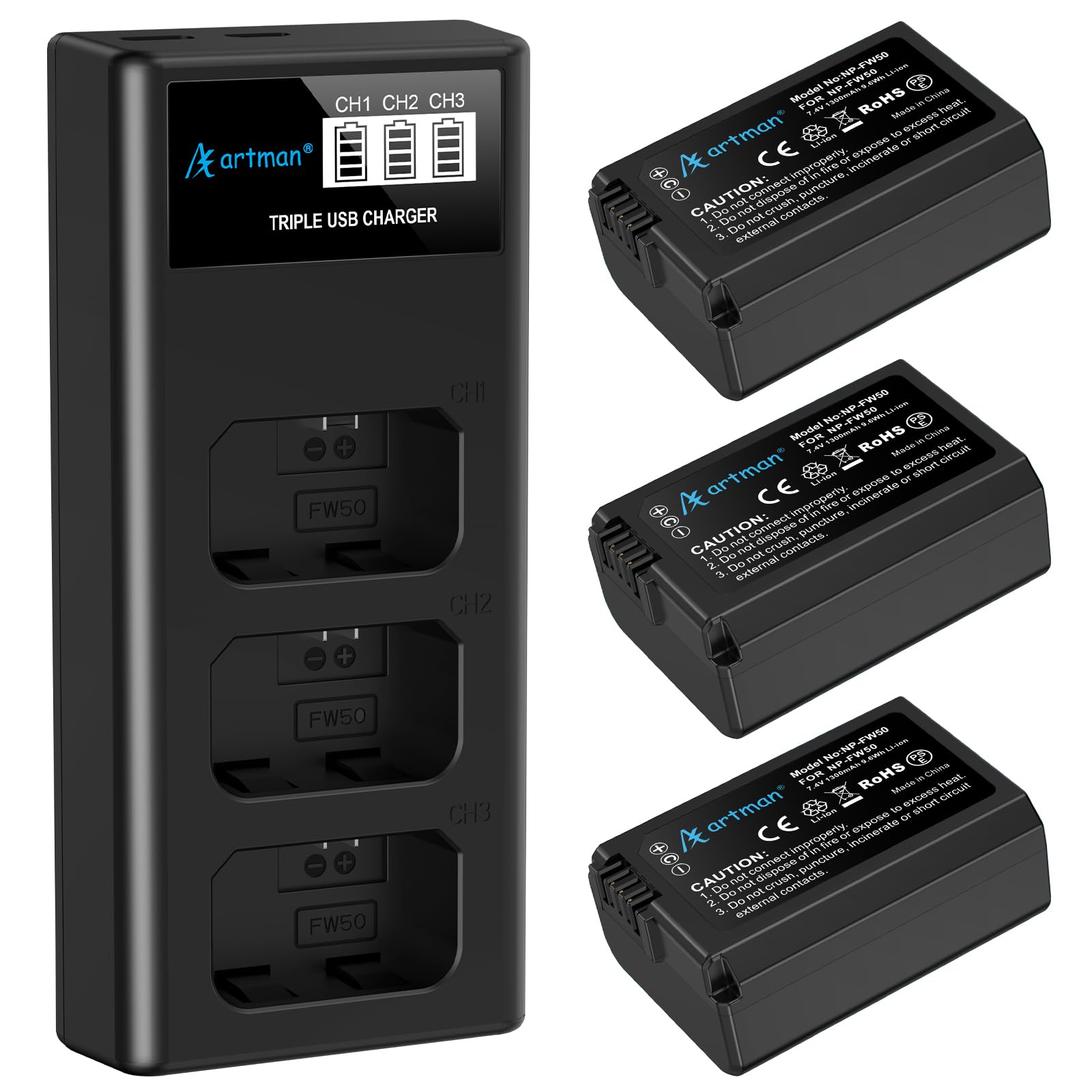 2 Batterie NP-FW50 + Caricatore LCD Con Doppia Porta Per Sony Alpha A6100, A6000, A5100, NEX-5R