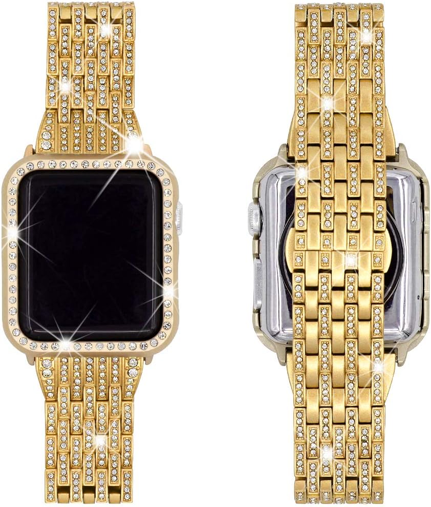 Falandi Replacement for Apple Watch Bands with Rhinestones Face Case, for Women Men, Bling Stainless Steel Replacement Diamond Wristband for iWatch Series 6 / SE/ 5/ 4, Nike+ Sport Edition (Gold, 44mm)