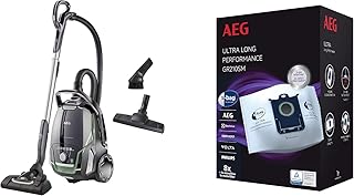AEG VX9-2-ÖKO Staubsauger mit Beutel + GR210SM Staubbeutel (70% Recyclingmaterial, Zusatzdüsen, 850 Watt, 65 dB(A), 5l Beutelvolumen, waschbarer Filter, 8 Staubbeutel, 1 Motorfilter, 1 Mikrofilter)