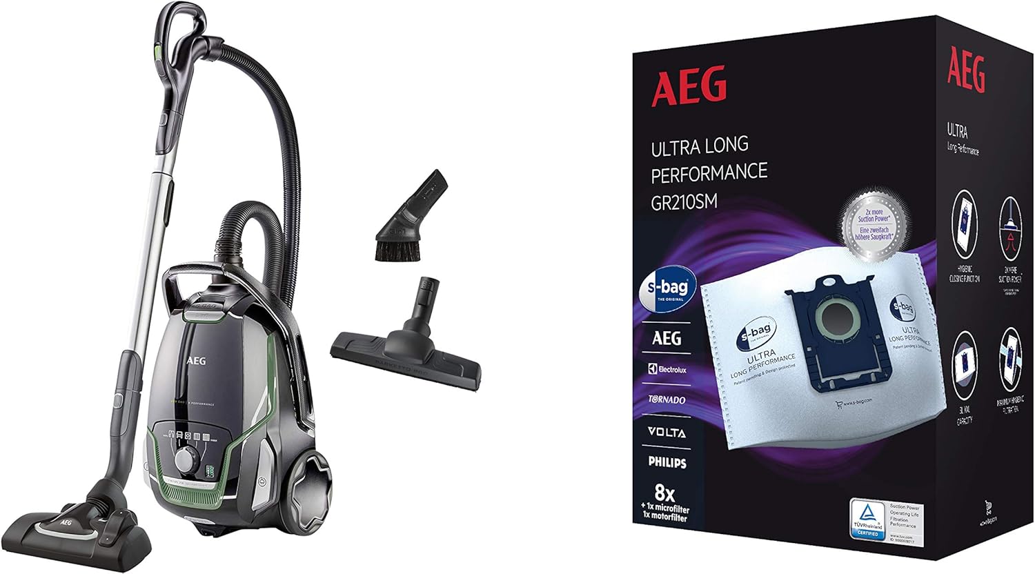AEG VX9-2-ÖKO Staubsauger mit Beutel + GR210SM Staubbeutel (70% Recyclingmaterial, Zusatzdüsen, 850 Watt, 65 dB(A), 5l Beutelvolumen, waschbarer Filter, 8 Staubbeutel, 1 Motorfilter, 1 Mikrofilter)