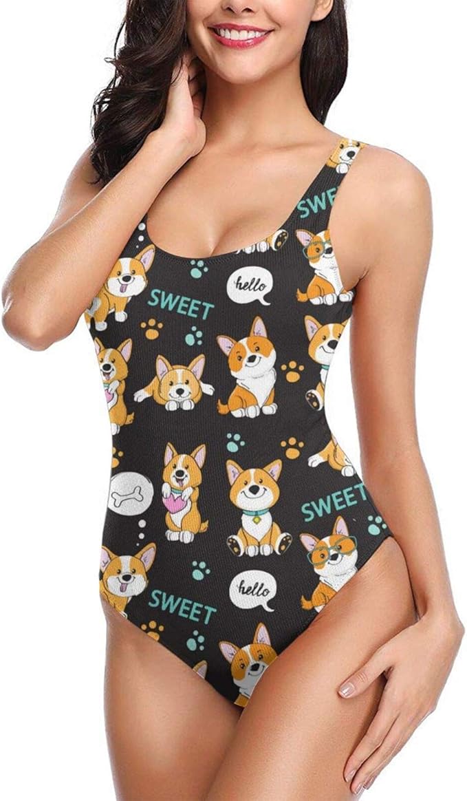 Amazon Womens One Piece Swimsuits Sweet Cute Dogs Corgi Pattern 