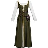 daizbella Medieval Renaissance Dress Retro Viking Fake Two Piece Dress with Wasit Bag