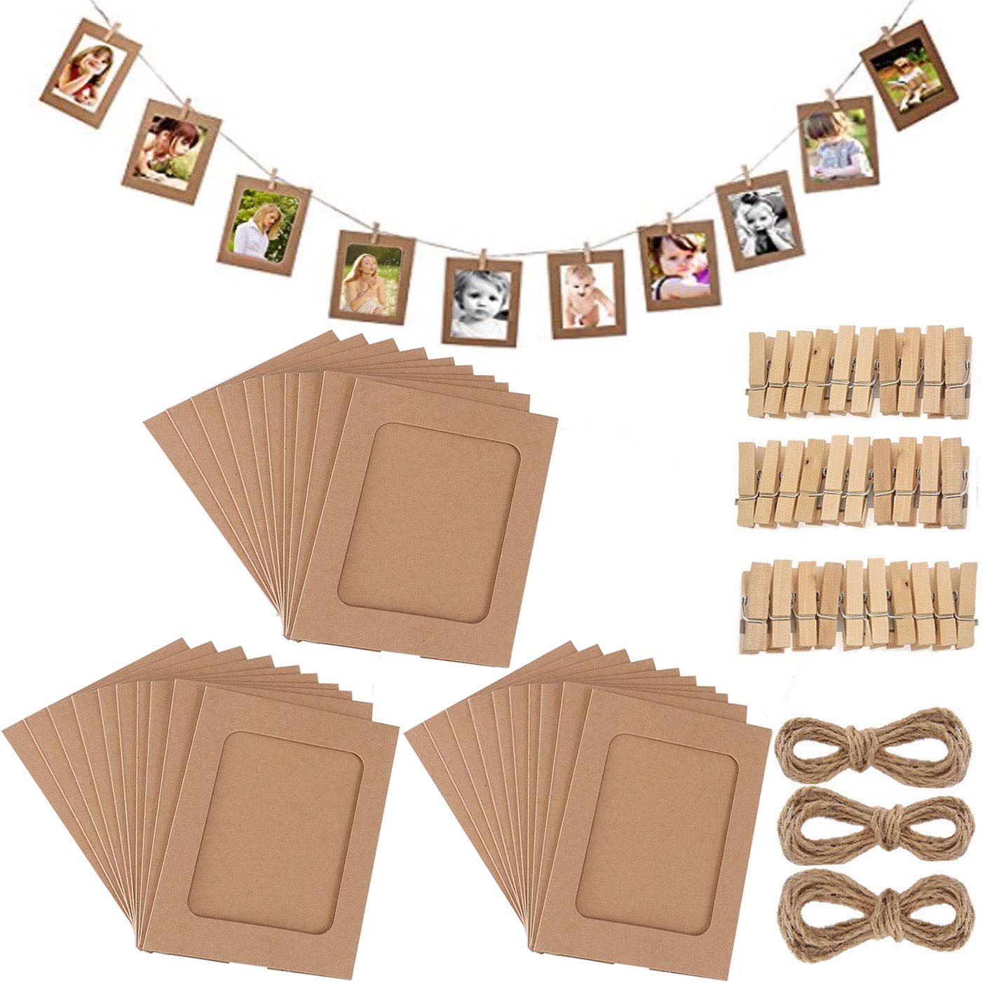 30 PCS Bespoke Computer Cut Photo Frame Pack of 30 -Frame Size 6"x4" -with Wooden Clips and String Hanging Cardboard Home Wall Decor (Brown)