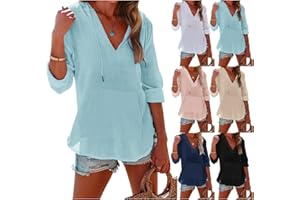 QESULK Linen Hoodie Women Beach Cover Up Hoodies Sweatshirt Roll Up Sleeve Pullover Tops Lightweight Hooded Shirt with Pocket