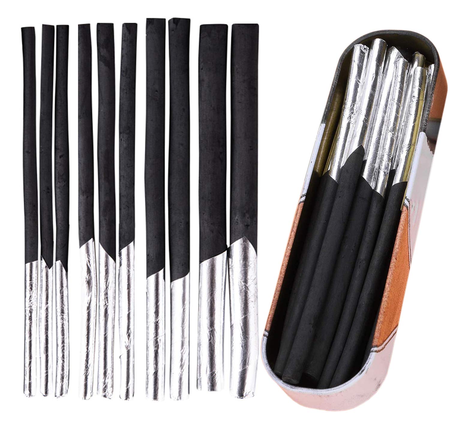 10pcs Soft Willow Vine Charcoal Stick Art Medium for Drawing, Sketching & Shading - 4 Sizes, Metal Pencil Case