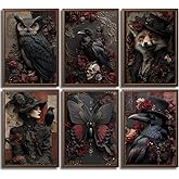 CCZ Gothic Canvas Wall Art Halloween Witchy Aesthetic Posters Dark Academia Decor Pictures Romantic Rose Crow Skull Painting Prints Artwork for Living Room Bedroom（Unframed）