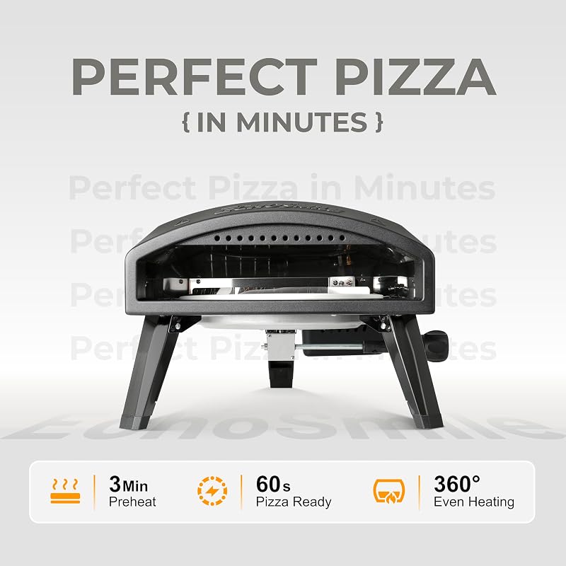Forno de pizza a gás exterior, 12 polegadas, panela de propano atinge 510,0 °C, cozedura rápida em 60 segundos, inclui mangueira de gás, botão de controlo de chama, manípulo de