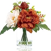 WELL KNOWN Artificial Flowers in Glass Vase with Fake Water, Burnt Orange & Champagne Silk Peony Flower Bouquet for Winter Home Dinning Coffee Table Wedding Party Lavatory Spring Seasonal Decor & Gift