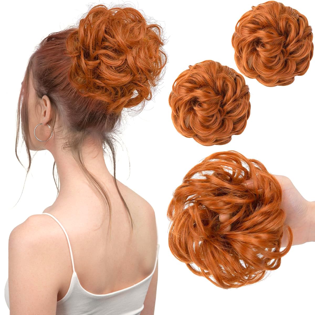 PORSMEER 2 Pieces Orange Messy Buns Extensions Curly Wavy Elastic Easy Scrunchies for Women Girls Synthetic Donut Updo Hair Pieces Chignons