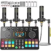 Podcast Equipment Bundle for 4, Audio Interface with 4 Dynamic Microphone, 4 Desktop Mic Stands, Voice Change, DJ Mixer for Vocal Recording Podcasting,Streaming,Singing TikTok, COMMANDER M100 3rd