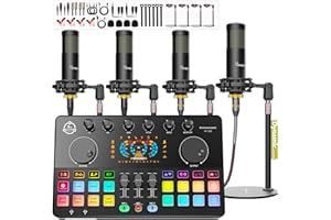 HAYNER-SEEK Podcast Equipment Bundle for 4, Audio Interface with 4 Dynamic Microphone, 4 Desktop Mic Stands, Voice Change, DJ Mixer for Vocal Recording Podcasting,Streaming,Singing TikTok, COMMANDER M100 3rd