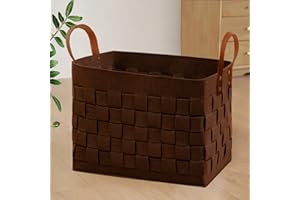 boldmonkey Laundry Basket 16.5 " x13 x13 , Large Rectangular Felt Fabric Blanket Basket with Leather Handle, Dirt Clothes Laundry Hamper for Babies, Dogs and Living Room-Brown