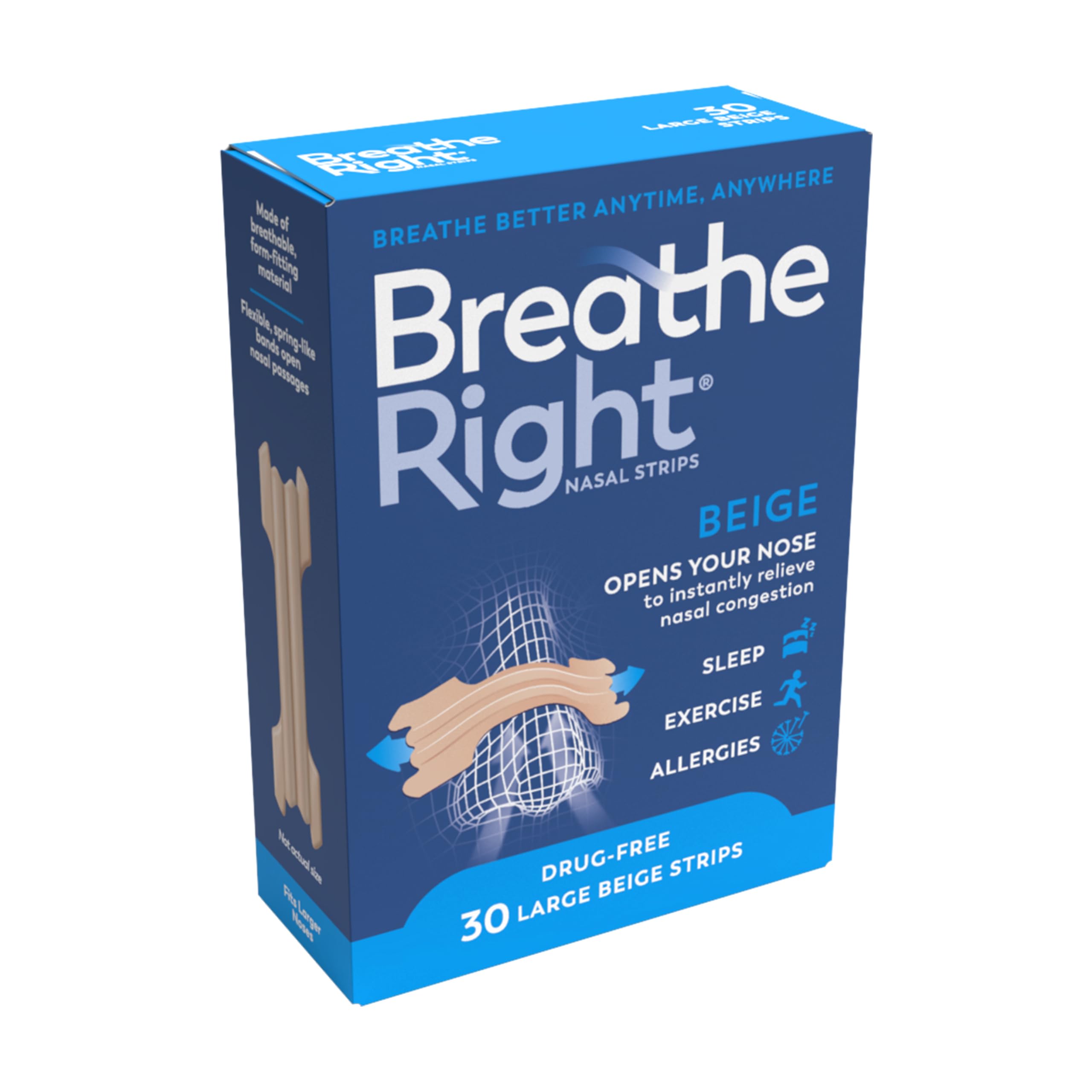 Breathe Right Original Tan, Beige Large 30 Pieces, Nasal Strips for Snoring, Nose Strips for Breathing, Blocked Nose Relief, Drug-free Snoring Aid for Men and Women, Packaging may vary