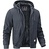 BGOWATU Men's Cotton Work Jacket Insulated Flannel Lined Full Zip Hoodies Active Winter Coat with Utility Pockets