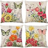 wyooxoo Throw Pillow Covers 18x18 Set of 4 Decorative Spring Pillow Covers Linen Flower Butterfly Farmhouse Pillowcases for Sofa Couch Living Room Outdoor